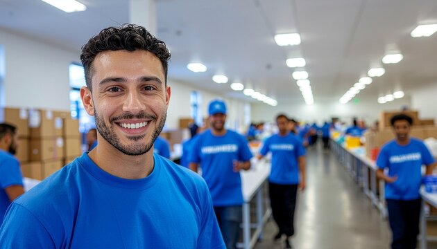 A smiling man in a blue "Volunteer" shirt stands in a warehouse with other volunteers packing boxes.
