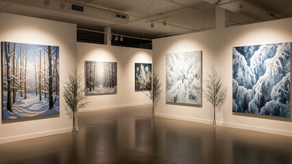 Fototapeta premium Art gallery interior showcasing several winter landscape paintings on wall