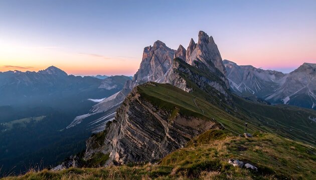 Majestic Seceda Ridgeline at Sunrise - A Breathtaking Alpine Vista.