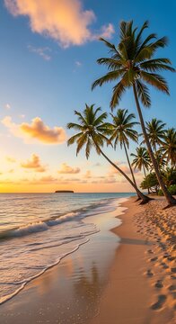 A serene tropical beach at sunset. Palm trees sway over the sandy shore as gentle waves lap the beach. The sky is a gradient of colors