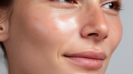 Close up of woman nose and cheeks with glowing, healthy skin, smooth texture, natural complexion, and subtle smile, highlighting skincare and beauty concepts