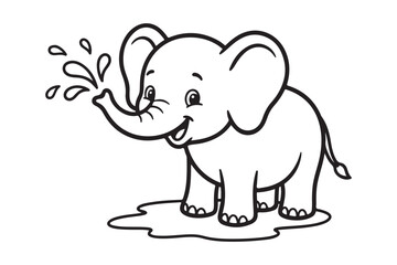 Cute Baby Elephant Spraying Water Coloring Page Vector Illustration.
