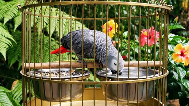 A grey parrot with a red tail, inside a golden cage with a backdrop of flowers and foliage