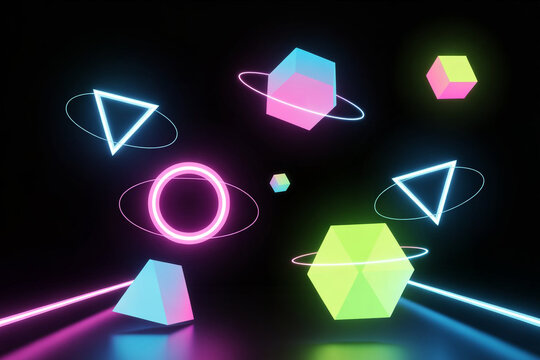 Abstract neon geometric shapes floating in dark space