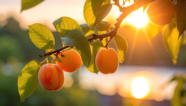 Ripe Apricots Glow in Golden Sunset Light on a Leafy Branch with Soft Bokeh Background in a Summer Orchard - Powered by Adobe