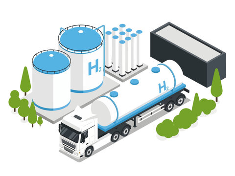 This isometric illustration depicts a modern hydrogen facility featuring two large H2 storage tanks, a bank of vertical cylinders, and a specialized tanker truck ready for clean energy distribution