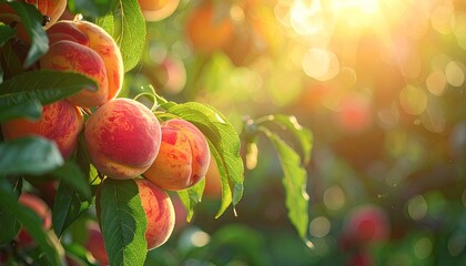 Ripe Red and Yellow Peaches Hanging on a Branch Bathed in Golden Sunlight with Dew Drops on Leaves and Soft Bokeh Background