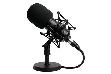 Black studio microphone with shock mount and desk stand isolated on dark background for podcast and streaming concepts