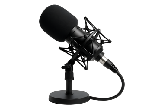 Black studio microphone with shock mount and desk stand isolated on dark background for podcast and streaming concepts
