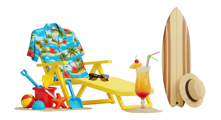 Tropical vacation beach gear and cocktail isolated on transparent background