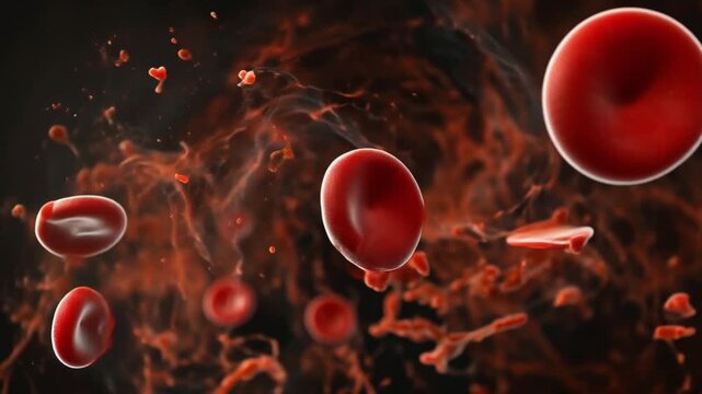 Red ink or blood cells flowing through vein, haemoglobin, anaemia concept, women's menstrual health, 3d medical healthcare horror, action, or suspense scenes, film overlay effect