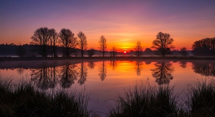 Obraz premium A serene waterscape, captured at sunrise. Trees silhouette the sky as the sun reflects on a still lake, creating mirror-like images
