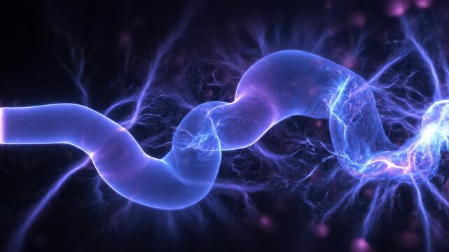 Seamlessly looping abstract field of vibrant blue and purple ionized plasma energy flowing and pulsing across a dark background effect, flow, flowing