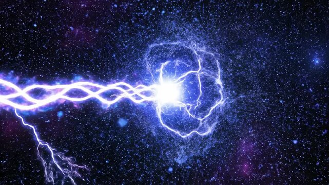 Seamlessly looping abstract electrical current flowing through a dark void composed of millions of blue and purple illuminated particles concept, high tech, motion graphic