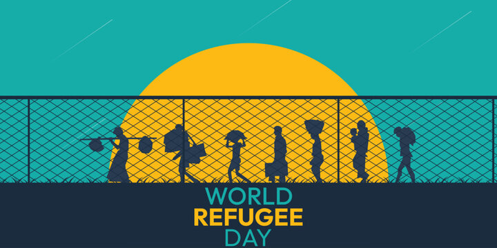 World refugee day. Refugee silhouette background template. A person forced to emigrate vector.