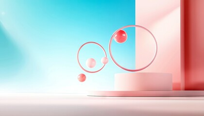 An abstract composition featuring geometric shapes, including spheres and rings, floating above a pink platform with a blue and pink background. The scene is li
