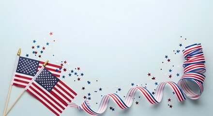 Obraz premium Patriotic flat lay with american flags ribbon and confetti on blue background