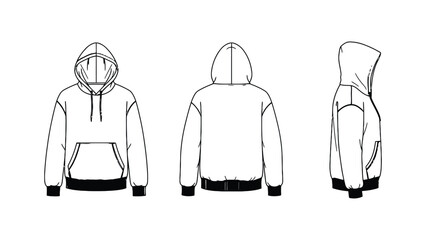Outline drawing of hoodie from front back and side views on white