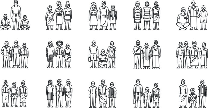A collection of diverse people illustrations in black and white outline style, ideal for cultural themes and community representation