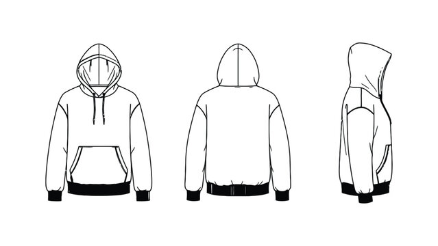 Outline drawing of hoodie from front back and side views on white