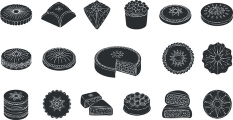 A collection of various desserts and pastries illustrated in black and white minimalist vector style, perfect for bakery branding and menu design