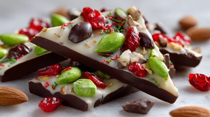Delicious chocolate bark with nuts, seeds, and dried cranberries
