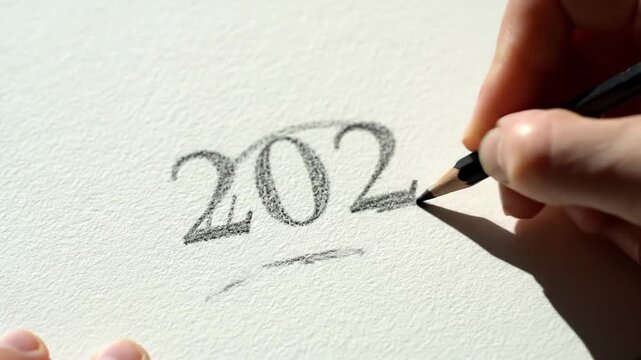 A hand uses a pencil to write "202x" on textured white paper. Shadows play, creating depth
