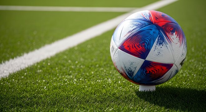 Close up of a soccer ball on green grass field with white line - Powered by Adobe