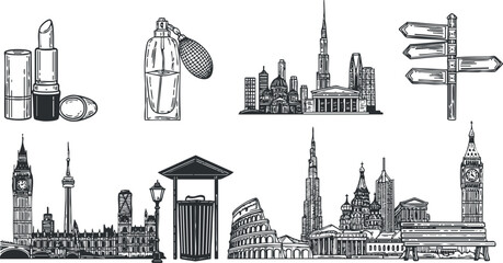 A collection of iconic city landmarks and beauty products in black and white outline vector style, suitable for travel and fashion branding
