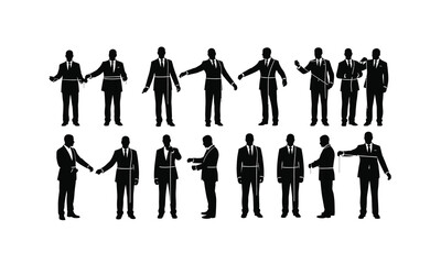 Tailoring master in various poses meticulously taking measurements with a tape measure presented as a clean silhouette on a white background isolated on white background