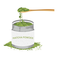 Pouring Matcha Powder with Scoop into Jar Container