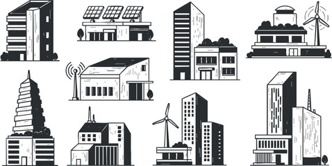 A collection of various building illustrations including skyscrapers and eco-friendly structures in black and white vector style, ideal for architectural design projects