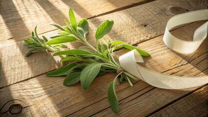 Fresh sage herb bundle tied with ribbon on rustic wood