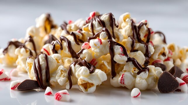 Delicious gourmet popcorn drizzled with rich chocolate and peppermint candies