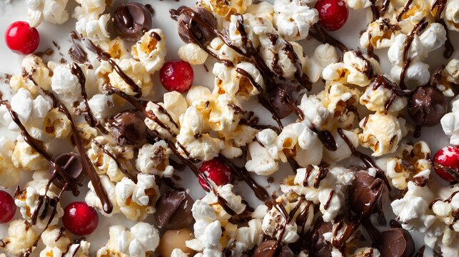 Delicious gourmet popcorn with chocolate drizzle and cranberries