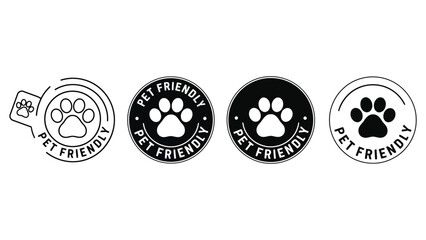 Four pet friendly icons with paw prints on a white background view