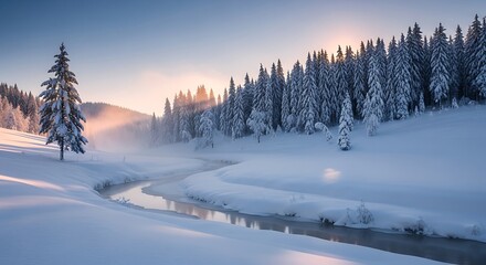 Obraz premium A serene winter scene with a winding stream through snow-covered landscape at dawn, sunlight peeking through trees