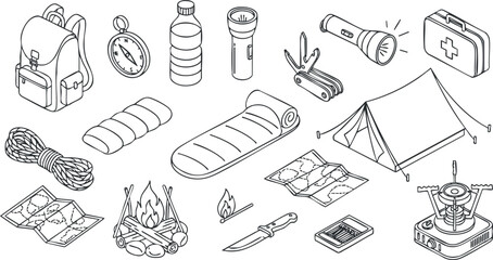 A collection of camping and outdoor adventure gear including a backpack, tent, flashlight, and survival tools in black and white outline vector style, perfect for outdoor activity designs