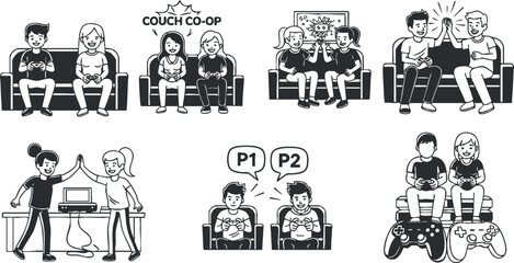 A collection of couch co-op gaming illustrations in black and white vector style, suitable for gaming community branding and promotional material