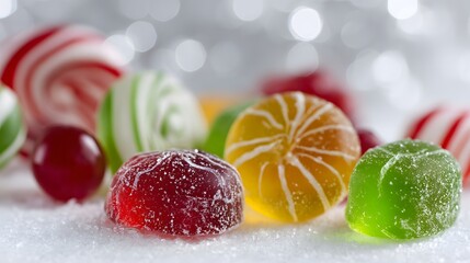 Festive candy assortment with colorful jellies and peppermint swirls on a snowy surface