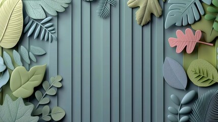 An abstract composition featuring various stylized leaves in pastel colors arranged on a textured, vertical-striped background.