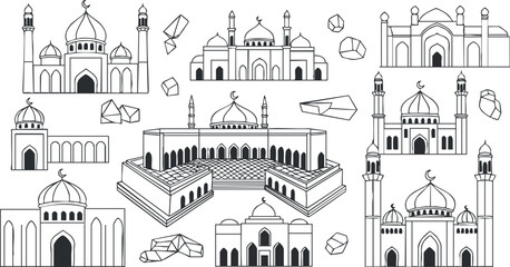 Fototapeta premium A collection of various mosque designs in black and white outline vector style, ideal for architectural projects and cultural illustrations