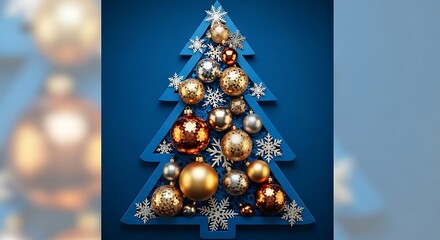 Christmas tree shape with metallic ornaments and snowflakes on blue