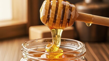 Golden honey dripping from wooden dipper into glass jar