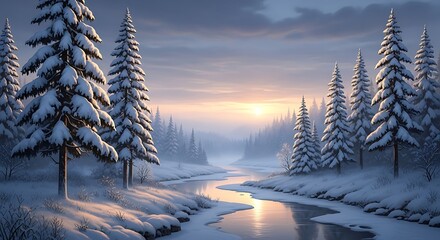 A serene winter scene depicts snow-laden pines lining a partly frozen river at dawn. Hues of gold and blue illuminate the frosted valley