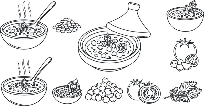 A collection of soup bowls, ingredients, and cooking utensils in black and white minimalist vector style, ideal for culinary illustrations