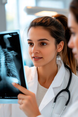 Young doctor analyzing an X-ray with another doctor, making a medical diagnosis