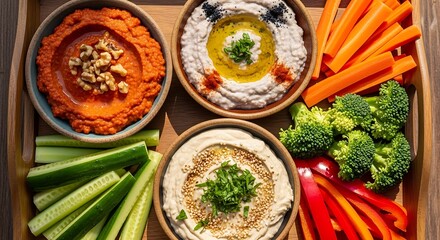 Delicious hummus platter with fresh vegetables carrots cucumbers and bell peppers served