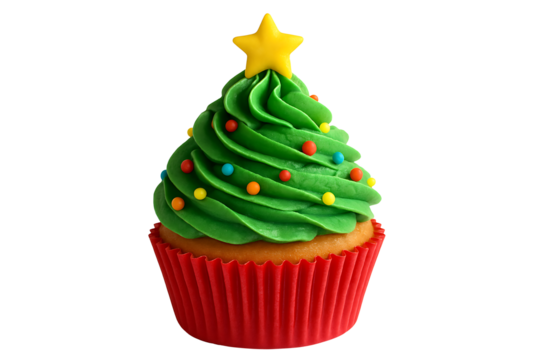 Festive Christmas tree cupcake with green frosting, colorful sprinkles and star topper isolated on black background