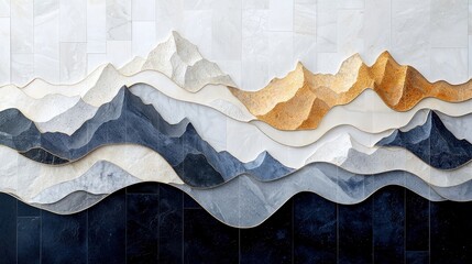 An abstract wall art piece featuring a layered mountain range design. The artwork uses various textures and colors to create a unique visual effect.